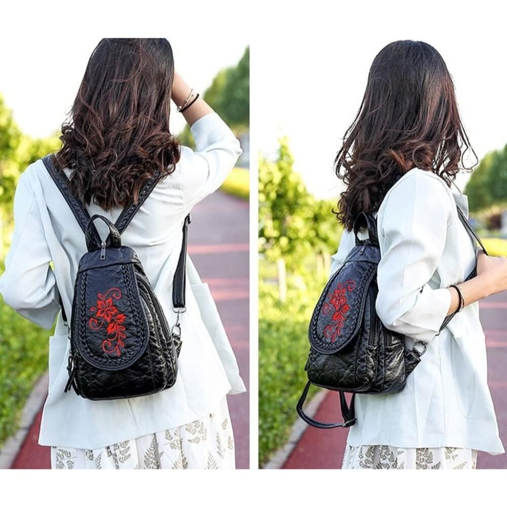 Women's Black Red Flower Soft Pu Leather Purse Chest Packs Travel Bag Backpack - Picture 2 of 6